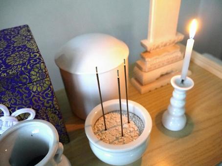 Incense sticks and candles offered in front of the ashes, bone pots, urn, bardo dais, JPG