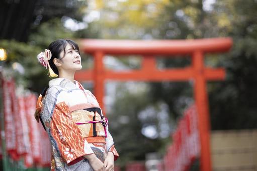 A woman with furisode standing with her back to the torii 2, JPG