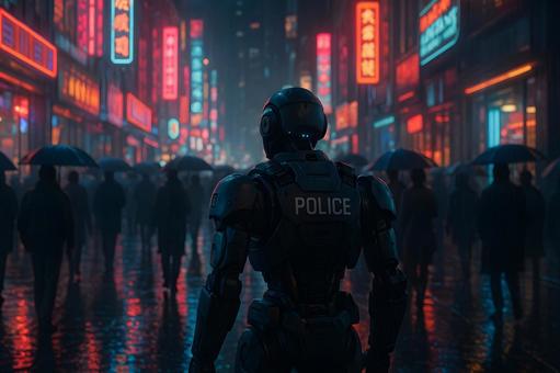 雨のネオン街と警備ロボ 雨のネオン街と警備ロボの写真