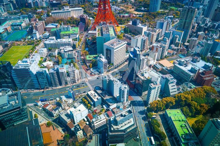 東京タワーと周辺ビル群 東京タワーと周辺ビル群 東京タワー,麻布台ヒルズ,ビル群の写真素材