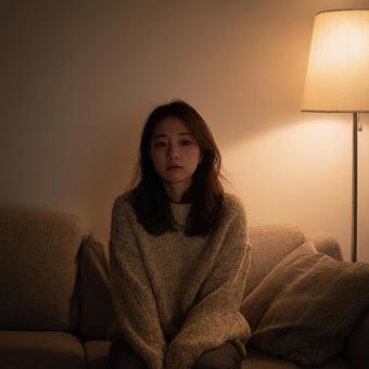 ソファに座る優しい雰囲気の女性 ソファに座る優しい雰囲気の女性の写真