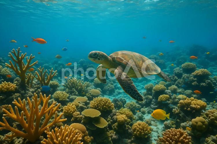 熱帯魚と泳ぐ海亀 海亀,サンゴ礁,熱帯魚の写真素材