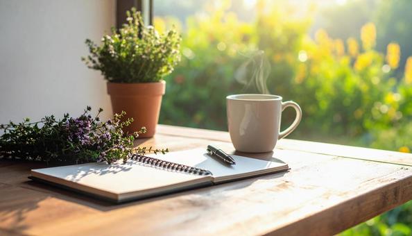 学習シーン　リングノート、コーヒー、ペンの写真