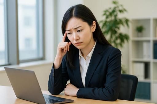 考え込む女性社員 考え込む女性社員の写真