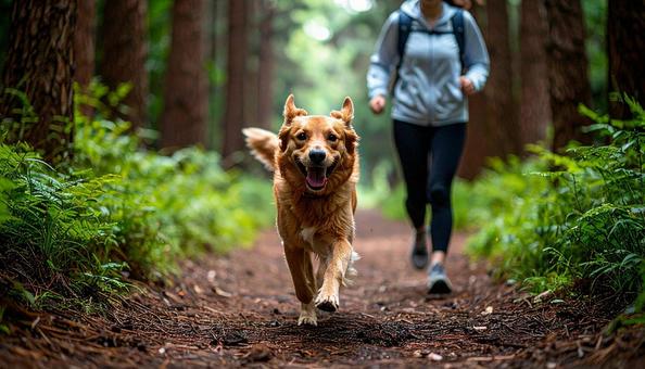清々しい空気の森を笑顔で走る犬と飼い主 清々しい空気の森を笑顔で走る犬と飼い主の写真