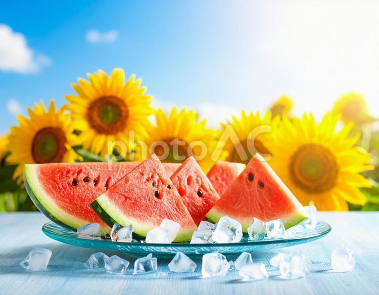 夏のスイカとひまわり　冷たい氷 スイカ,ひまわり,氷の写真素材