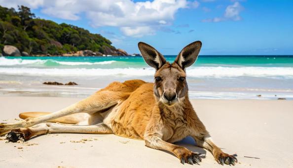 砂浜にリラックスして横になるカンガルー 砂浜にリラックスして横になるカンガルーの写真