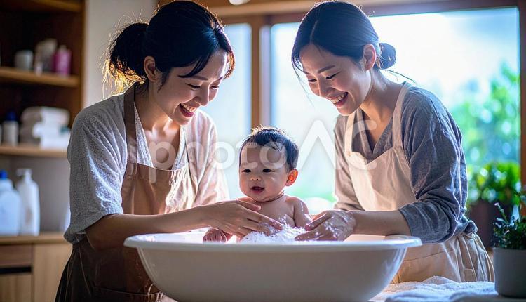 助産師がお母さんに赤ん坊の沐浴方法を指導 赤ん坊,お母さん,教室の写真素材