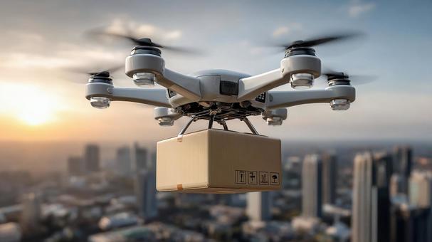 高層ビルとドローン配達の写真