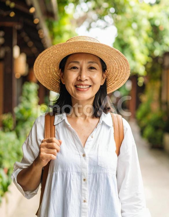 麦わら帽子の女性、夏の散歩道 女性,麦わら帽子,笑顔の写真素材