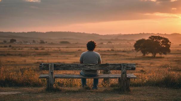 夕日の草原で木のベンチに座る男性の後ろ姿 夕日の草原で木のベンチに座る男性の後ろ姿の写真