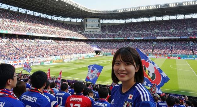 サッカースタジアムで観戦を楽しむ女性 サッカースタジアムで観戦を楽しむ女性の写真