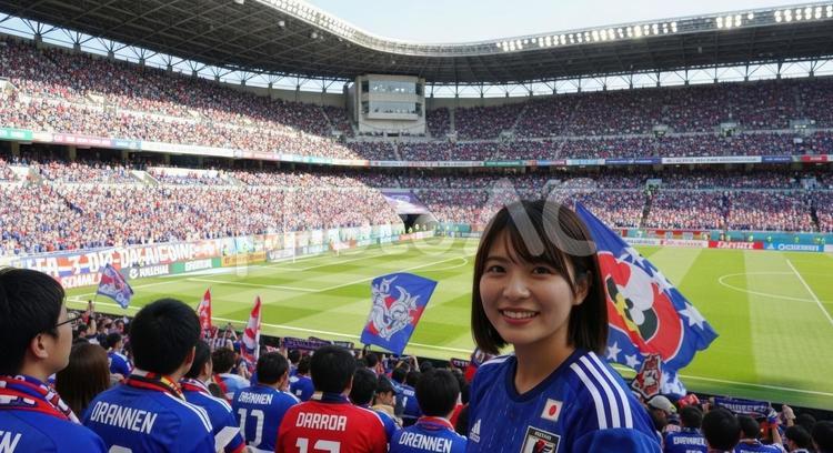 サッカースタジアムで観戦を楽しむ女性 サッカー,観戦,女性の写真素材