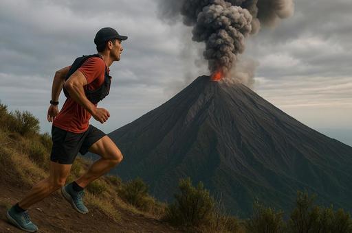 火山噴火と登山者の瞬間 火山噴火と登山者の瞬間の写真