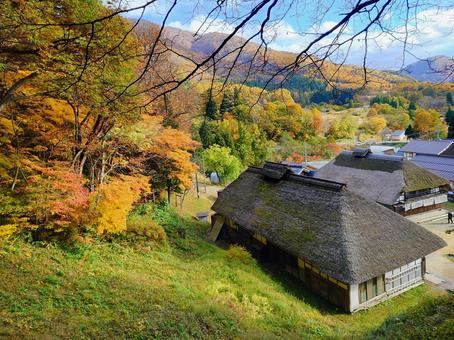 福島の秋 秋,大内宿,茅葺きの写真素材