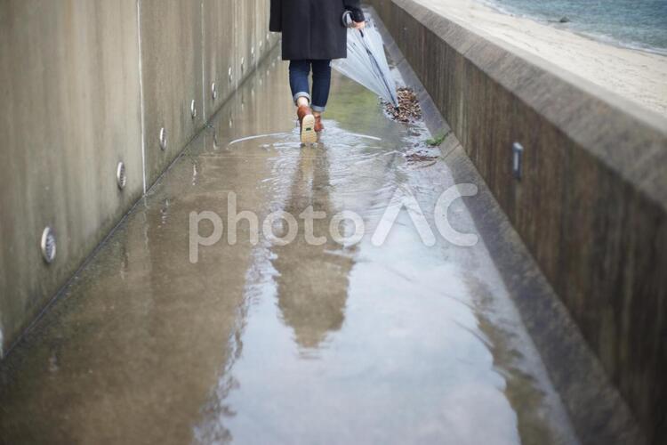 水たまりに映るショートカットの女の子 水,傘,梅雨の写真素材