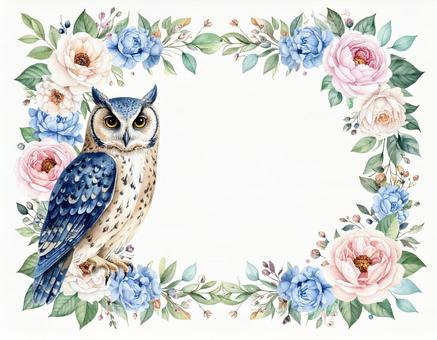 フクロウと花のフレーム フクロウと花のフレームの写真