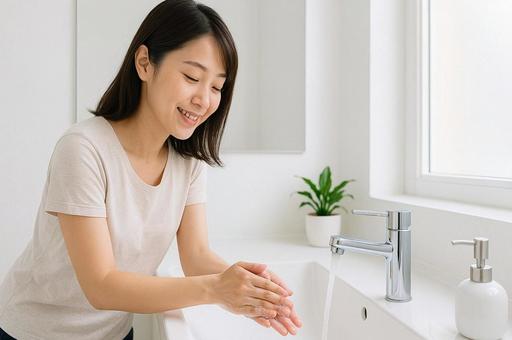 洗面所で手を洗う女性・手洗い・感染対策 洗面所で手を洗う女性・手洗い・感染対策の写真