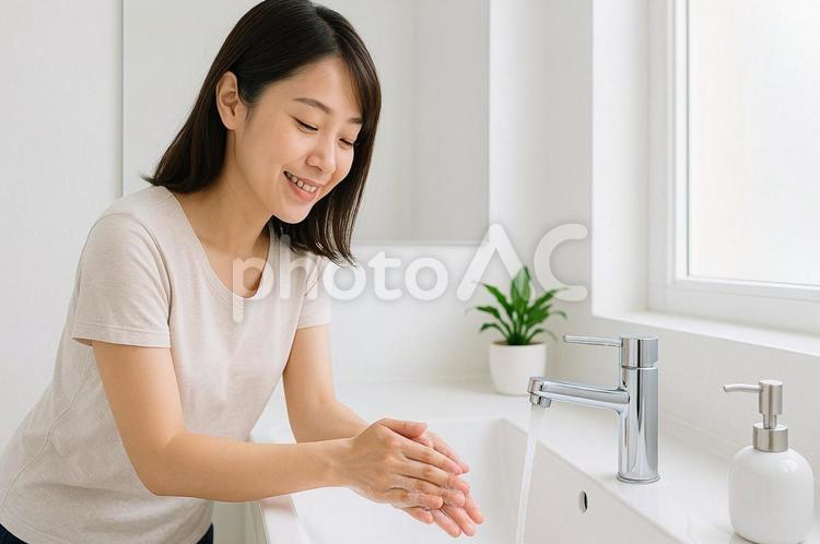 洗面所で手を洗う女性・手洗い・感染対策 手洗い,女性,洗面所の写真素材