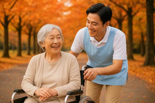 笑顔あふれる紅葉散歩の写真