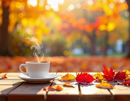 秋の紅葉とカフェの写真