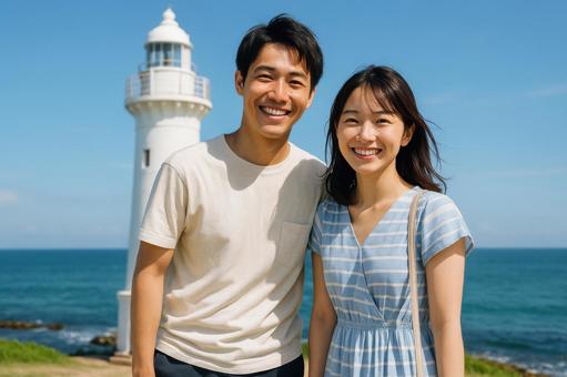 灯台を背景にしたカップルの記念写真 灯台を背景にしたカップルの記念写真の写真