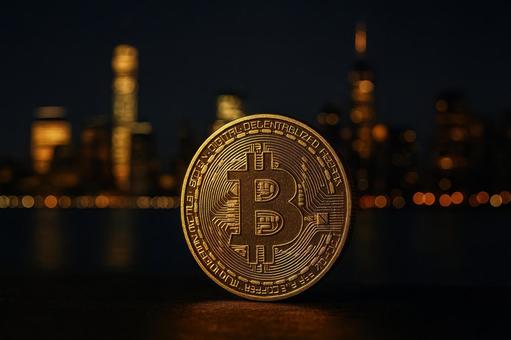 ビットコインと都市夜景 ビットコインと都市夜景の写真