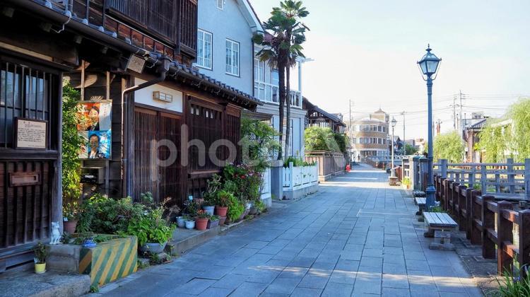 小江戸佐原・川沿いのレトロな風景・香取市 佐原,小江戸,小野川の写真素材