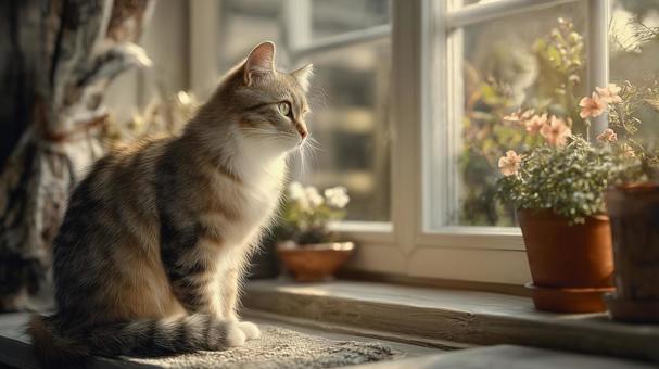 窓辺で外を見つめる可愛い猫 窓辺で外を見つめる可愛い猫の写真