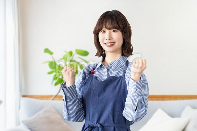 ガッツポーズをするエプロン姿の女性 ガッツポーズをするエプロン姿の女性 女性,人物,笑顔の写真素材