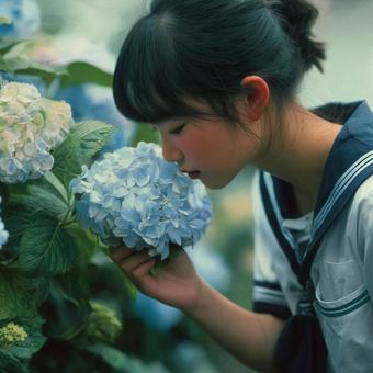 セーラー服の少女と咲き誇るアジサイ セーラー服の少女と咲き誇るアジサイの写真