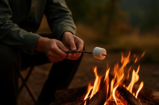 木の枝で焼きマシュマロ 木の枝で焼きマシュマロの写真