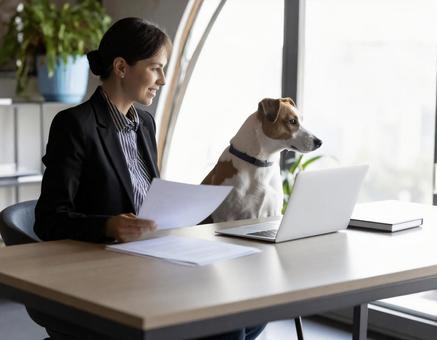 犬とデスクワークをする女性の写真