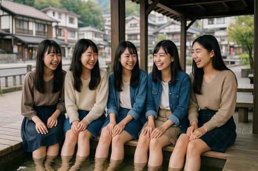 足湯に浸かる女子大生5人グループ 足湯に浸かる女子大生5人グループの写真