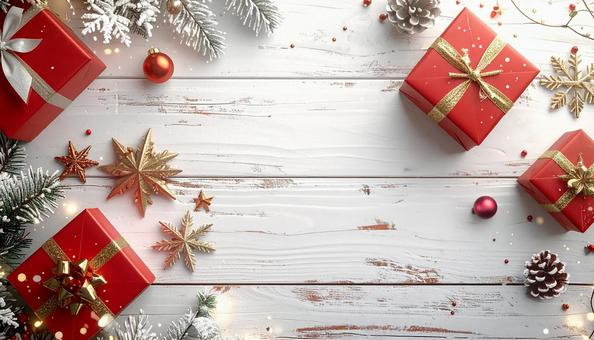 白いテーブル上の赤いクリスマスプレゼント 白いテーブル上の赤いクリスマスプレゼントの写真