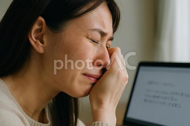 涙をぬぐう若い女性の横顔アップ 涙,泣く,女性の写真素材