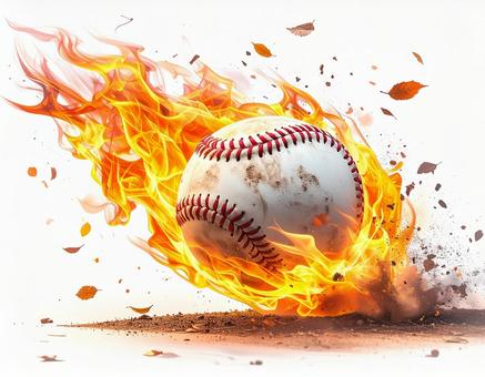 剛速球で炎をまとって飛ぶ野球ボールの写真