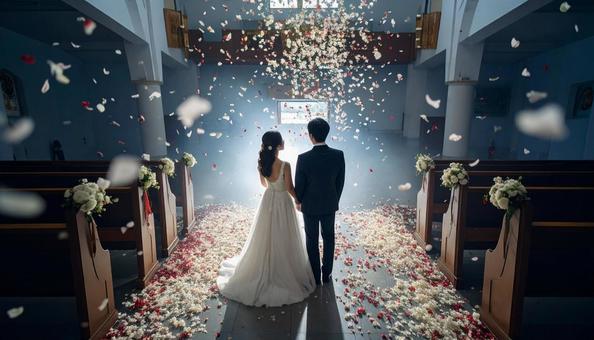 紙吹雪が舞い落ちる教会の結婚式の写真