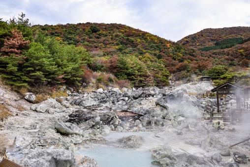 雲仙地獄と紅葉した山 雲仙,雲仙地獄,温泉の写真素材