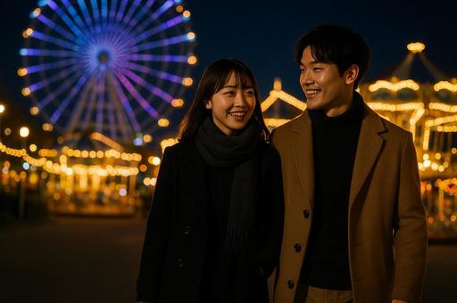 遊園地デートをする男女 遊園地デートをする男女の写真