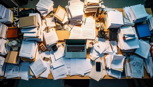 書類まみれの会社の机 書類まみれの会社の机の写真