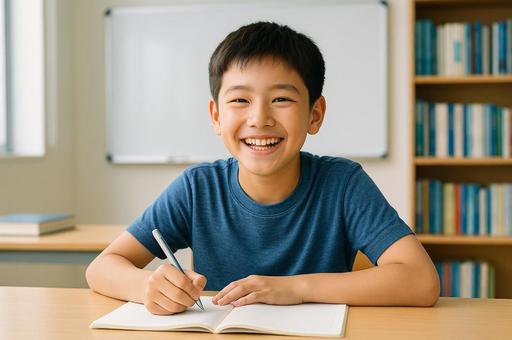 笑顔で勉強する男児の写真