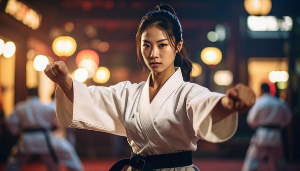 空手の型をとる若い女性 空手の型をとる若い女性の写真
