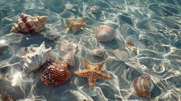 透明な海に沈む貝殻とヒトデ 透明な海に沈む貝殻とヒトデの写真