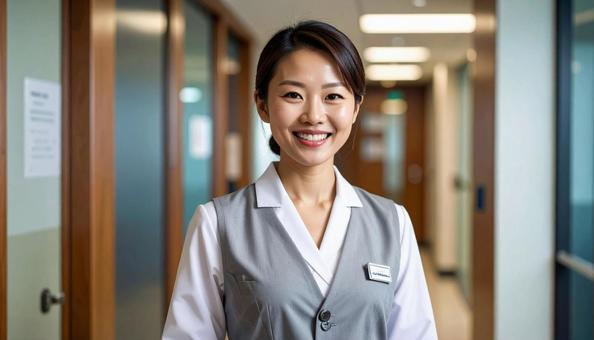 病院の医療事務の制服の日本人女性 病院の医療事務の制服の日本人女性の写真