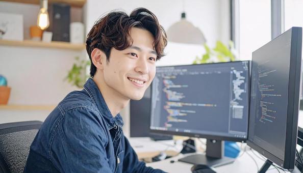 プログラミングをする男性エンジニア プログラミングをする男性エンジニアの写真