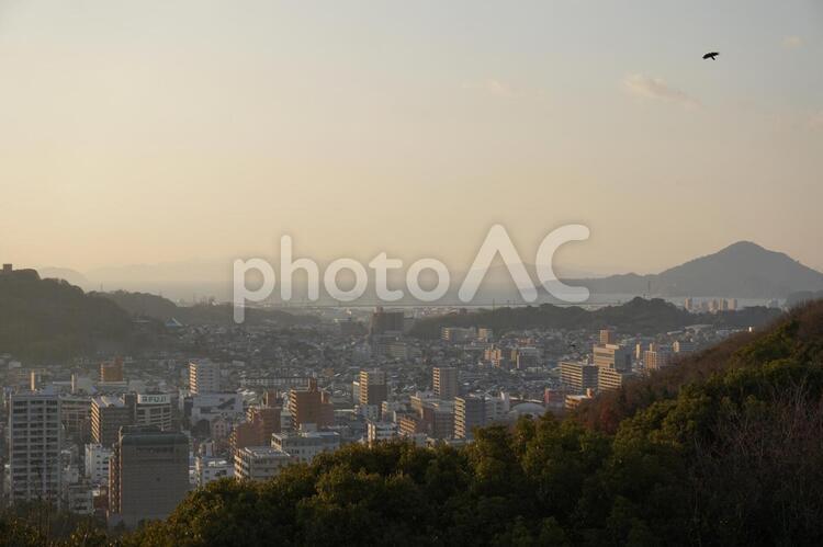 松山市のロング　松山城からみた夕景 松山城,史跡,松山市の写真素材