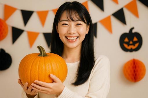 笑顔の女性とかぼちゃ 笑顔の女性とかぼちゃの写真