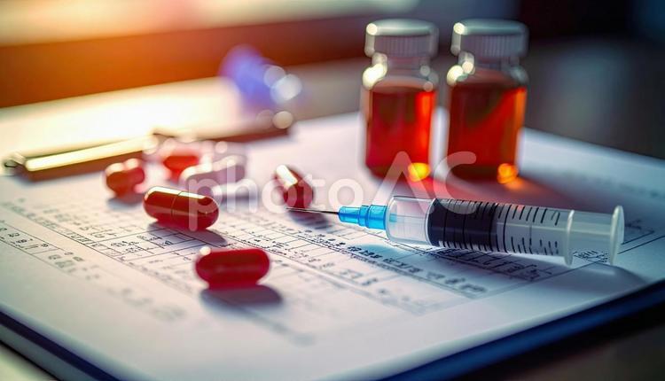 治療薬のイメージ　血液検査の結果と注射器 注射器,錠剤,医療の写真素材