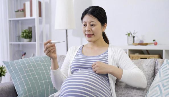 ソファによりかかり体調不良で熱を測る妊婦の写真